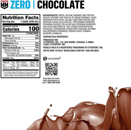 Muscle Milk Zero Protein Shake, 20g Protein, Zero Sugar, 100 Calories, Calcium, Vitamins A, C & D, 4g Fiber, Energizing Snack, Workout Recovery, Packaging May Vary,11.16 Fl Oz