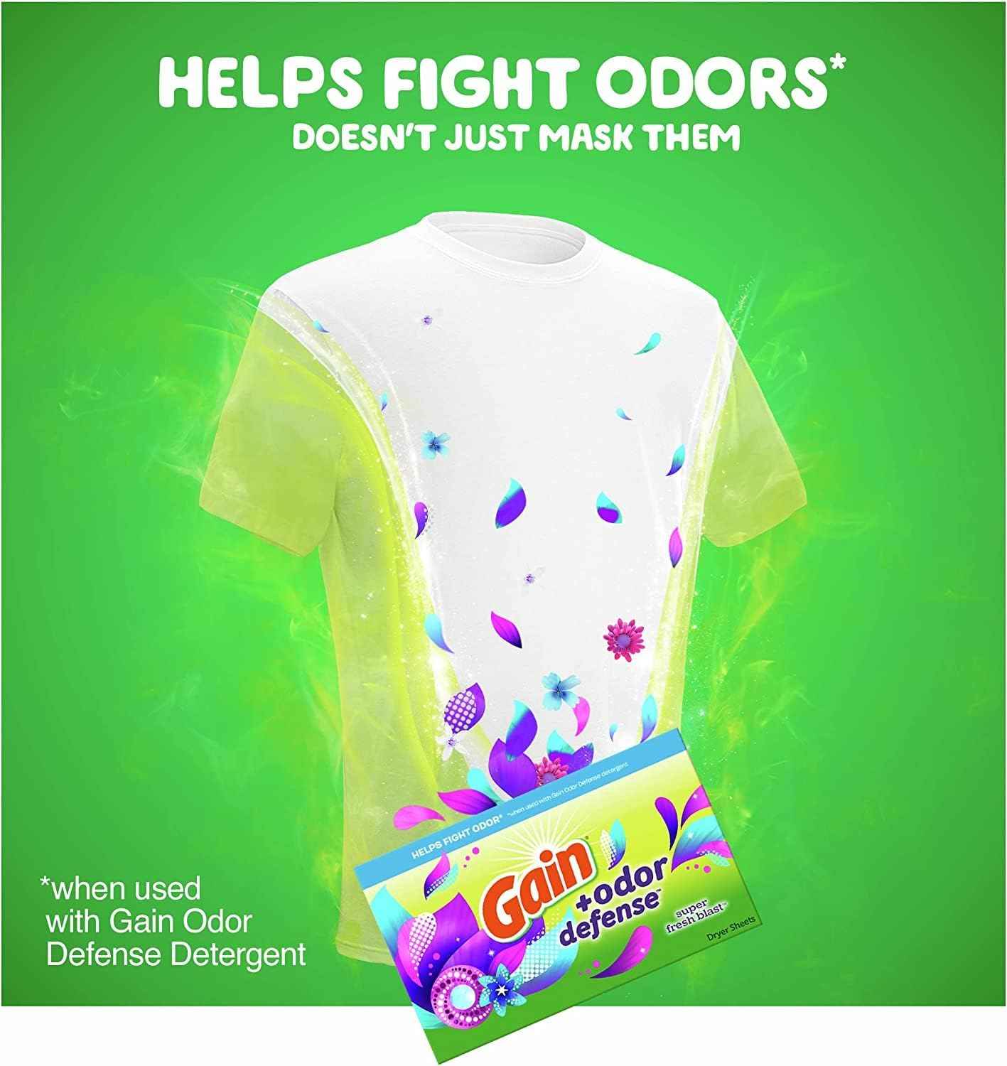 Gain Dryer Sheets Plus Odor Defense, Super Fresh Blast Scent, Helps fight static and odor, laundry sheets