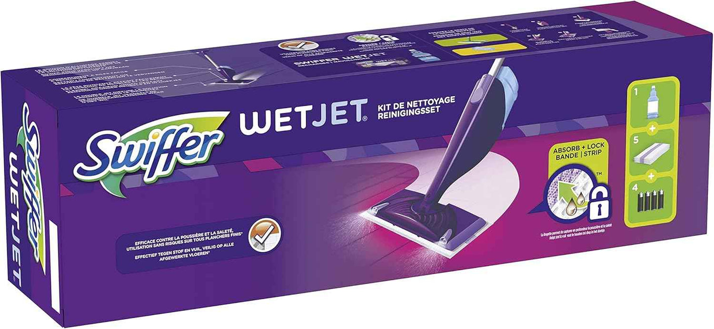 Swiffer WetJet Floor Spray Mop, Starter Kit, Includes: 1 WetJet, 5 Pads, 1 Cleaning Solution & 4 Batteries
