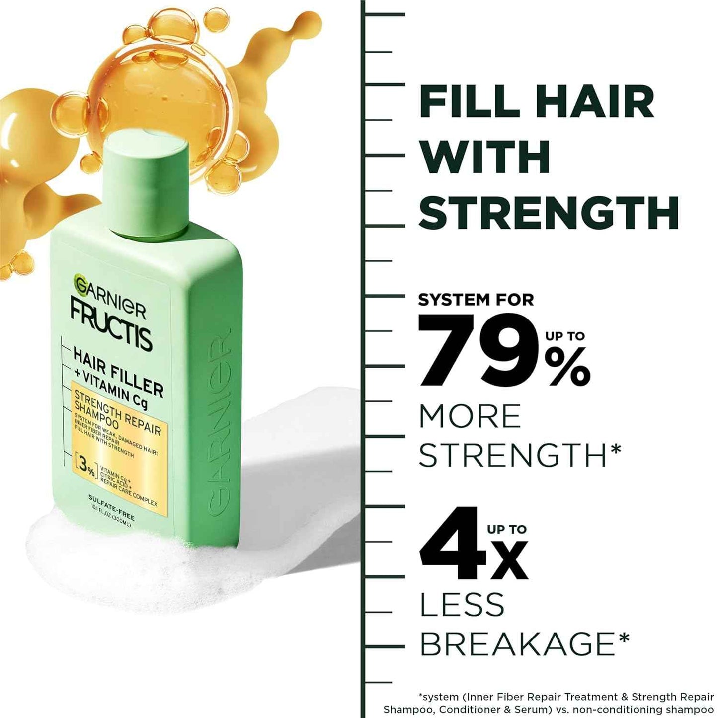 Garnier Fructis Hair Filler Strength Repair Shampoo with Vitamin Cg, Sulfate Free Shampoo for Weak, Damaged Hair, 10.1 Fl Oz