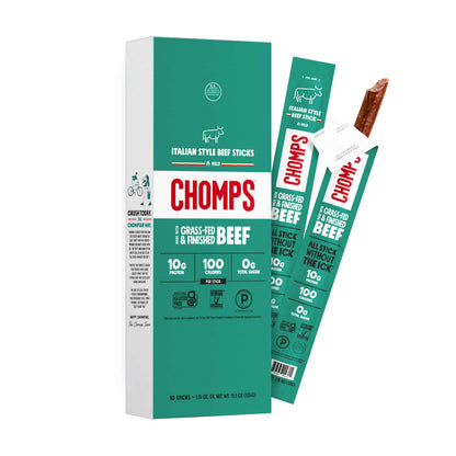 Chomps Grass-Fed and Finished Jerky Snack Sticks 10-Pack - Keto, Paleo, Whole30, 10g Lean Meat Protein, Gluten-Free, Zero Sugar Food, Non-GMO