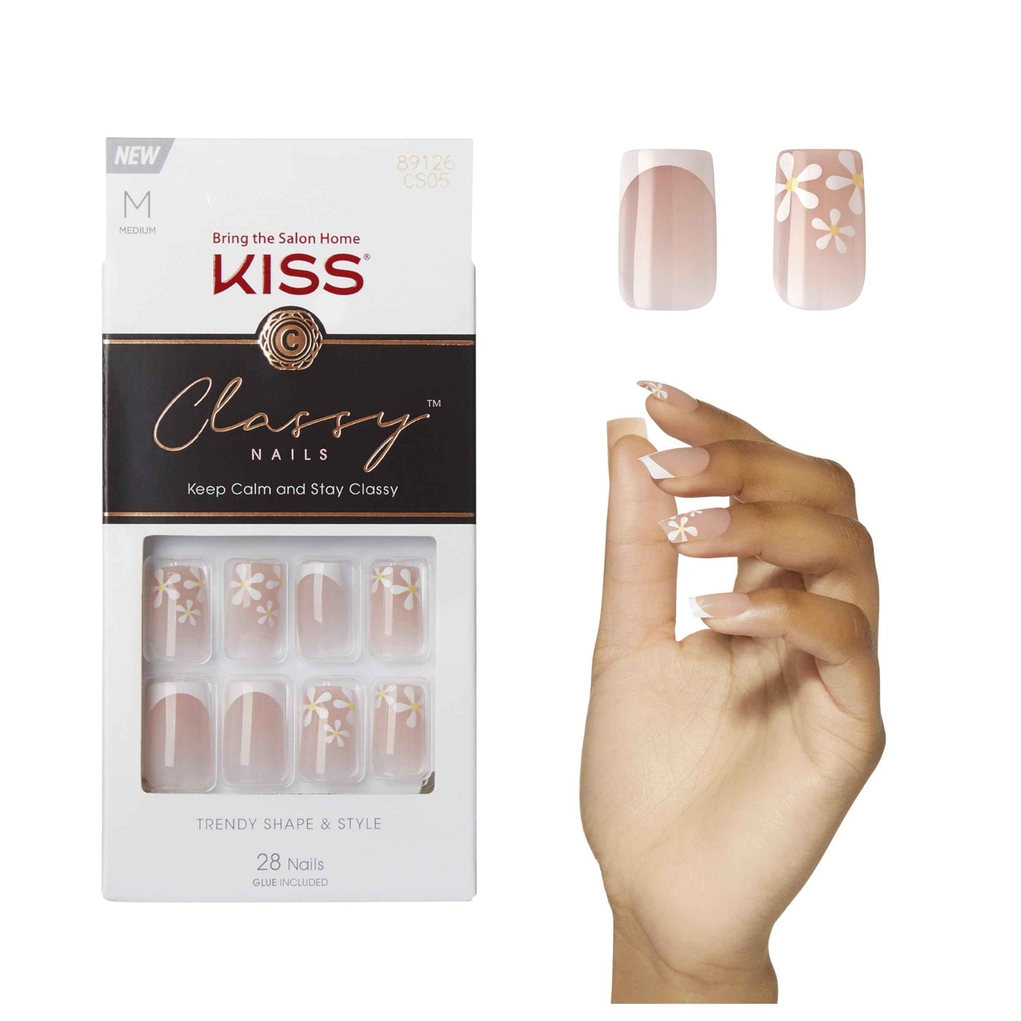 KISS Classy, Press On Nails, Nail glue included, White, Medium Size, Almond Shape, Includes 28 Nails, 2g glue, 1 Manicure Stick, 1 Mini File