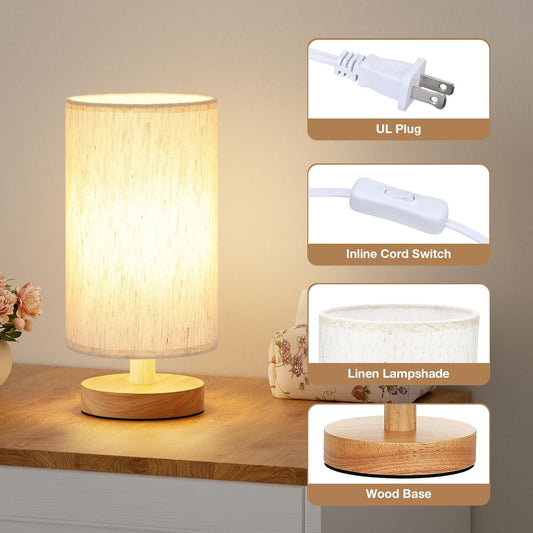 Fenmzee_Small_Table_Lamp_for_Bedroom_-_Inline_Control,_Bedside_Lamp_with_3000K_A15_LED_Blub,_Easy_Assembly_(Cream_Shade_-_Wood_Base,_9"_Inline_Control)