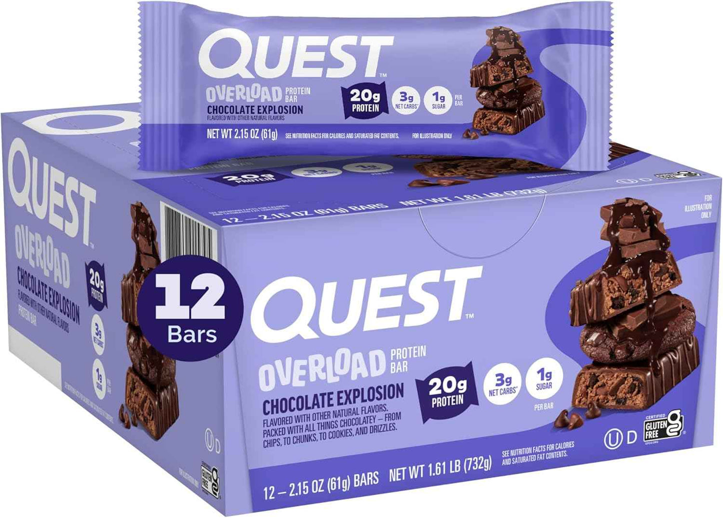 Quest Nutrition Overload Protein Bars, 20g Protein, 1g Sugar, 3g Net Carbs, Gluten Free, 12 Count