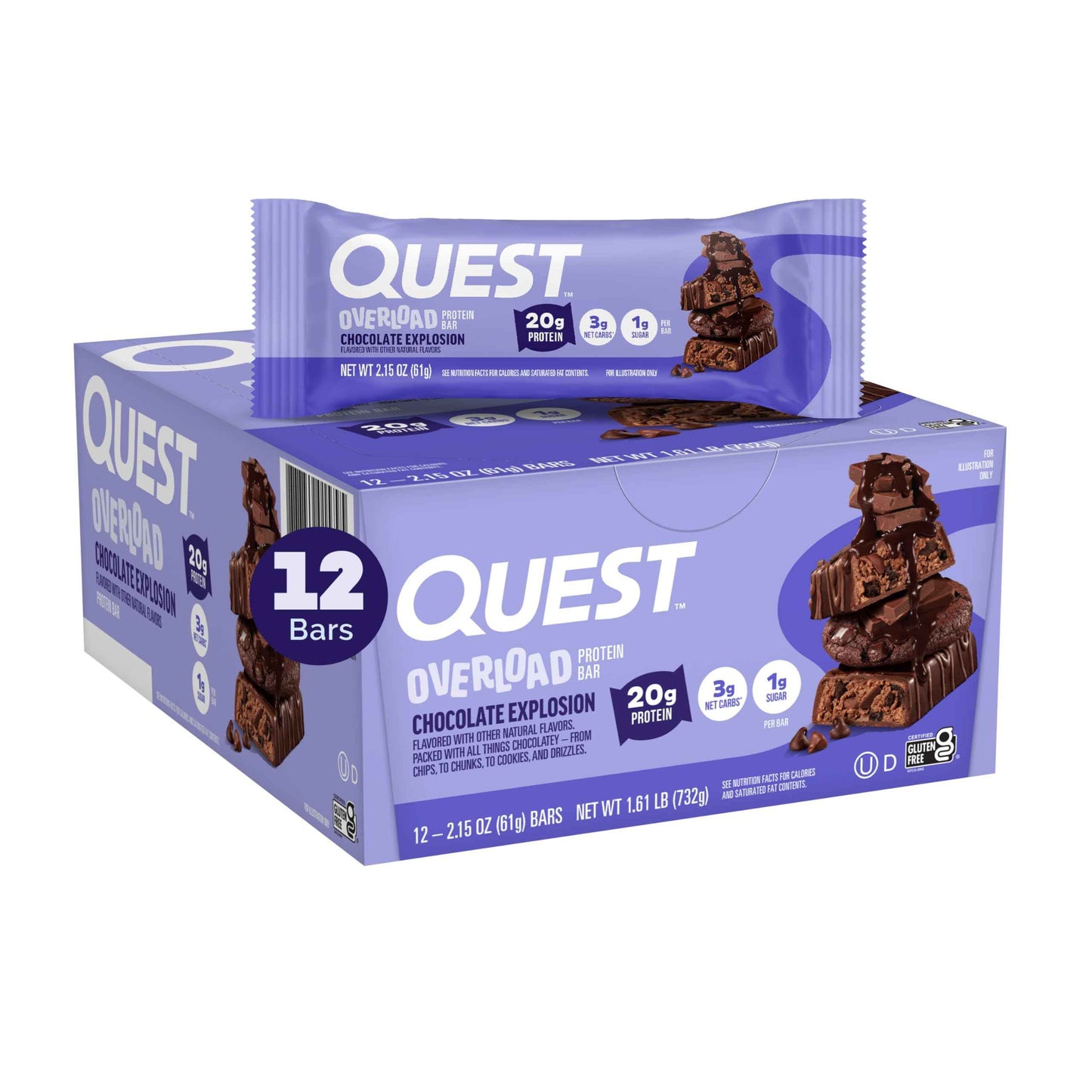 Quest Nutrition Overload Protein Bars, 20g Protein, 1g Sugar, 3g Net Carbs, Gluten Free, 12 Count