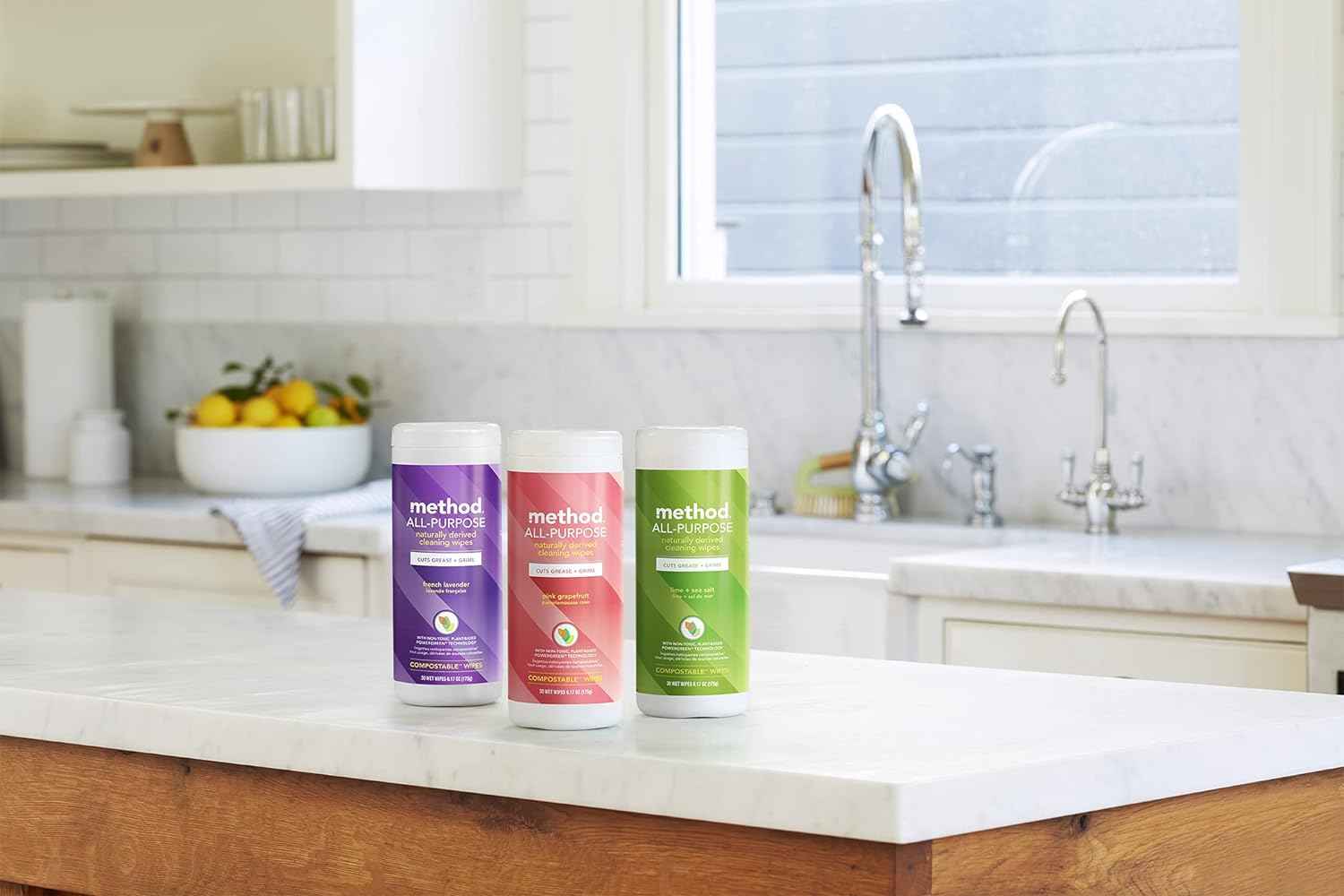 Method All-Purpose Cleaning Wipes, Pink Grapefruit, Multi-Surface, Compostable, 70 Count