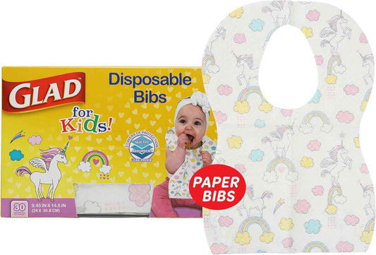 Glad for Kids Disposable Paper Bibs with Crumb Catcher, Absorbent Leakproof Bibs for Toddlers and Babies, Mess Free Feeding, Crafts, Parties, and Travel Use