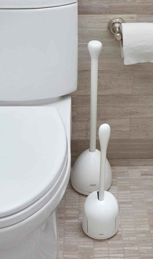 OXO Good Grips Compact Toilet Brush & Canister, Toilet Bowl Brush and Holder with Automatic Canister Door, Bathroom and Small Spaces Cleaning Supplies Essential