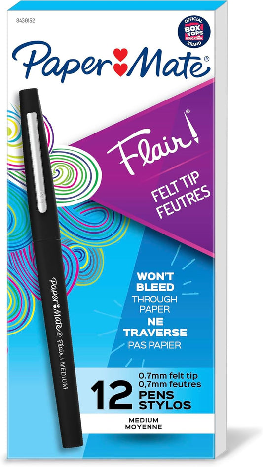 Paper_Mate_Flair_Felt_Tip_Pens,_Medium_Point_(0.7mm),_Black,_12_Count