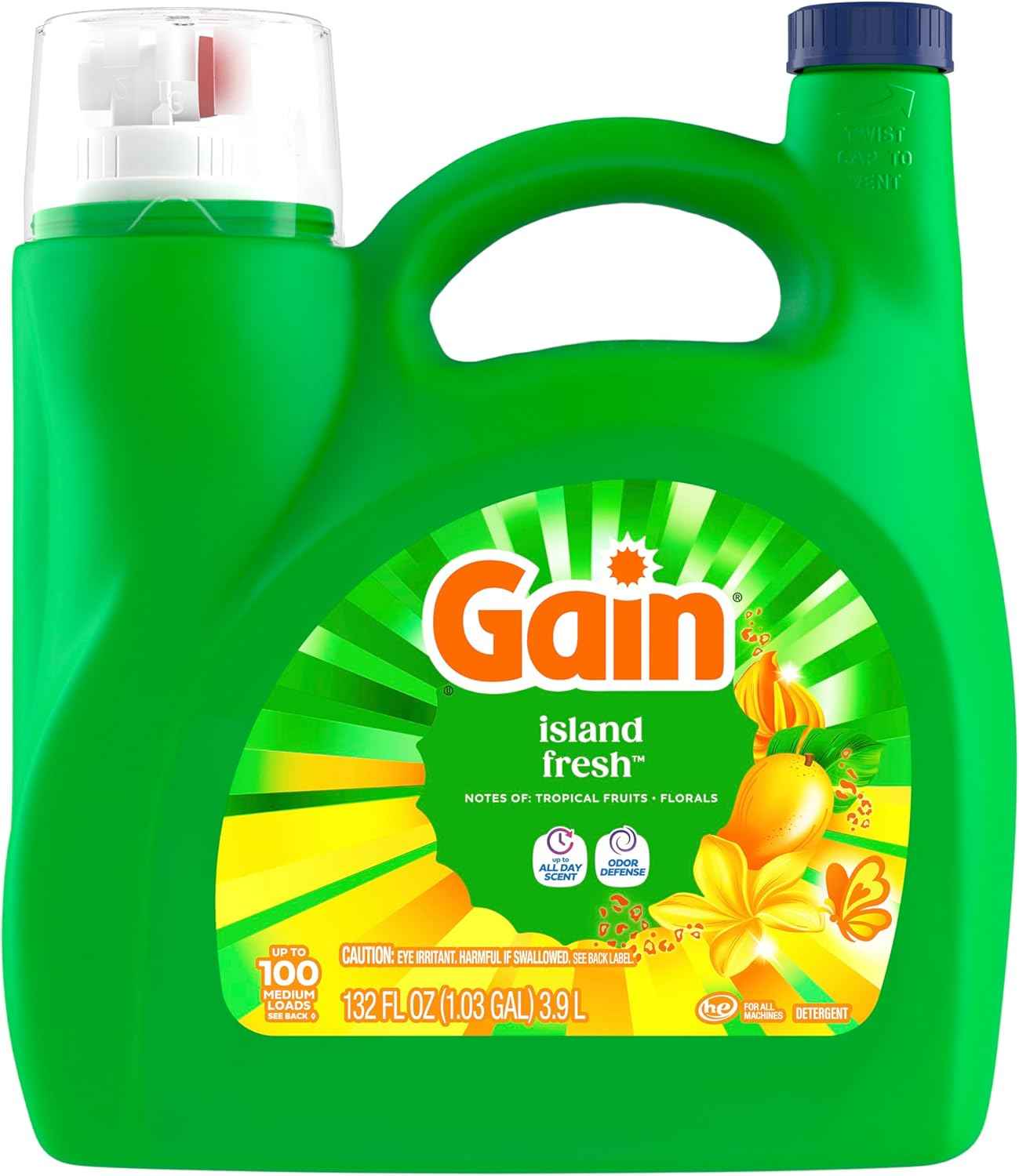 Gain Liquid Laundry Detergent with Odor Defense, Island Fresh Scent, Laundry Soap For HE Washing Machines, 154 fl oz, 107 Loads (Packaging May Vary)