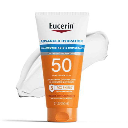 Eucerin Sun Advanced Hydration Sunscreen Lotion, Lightweight Sunscreen with Hyaluronic Acid and Humectants, Hypoallergenic, Fragrance Free, No Oxybenzone or Octinoxate, 5 Fl Oz Tube