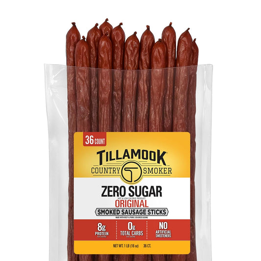 Tillamook_Country_Smoker_Smoked_Sausage,_Zero_Sugar,_Original,_16_Ounce_(36_Count_Meat_Sticks_Bulk_Pack)_Real_Hardwood_Smoked_Sausages,_Low_Carb,_High_Protein_Ready_to_Eat_Keto_Snack