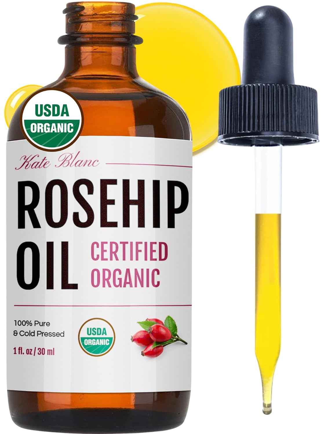 Kate Blanc Cosmetics Rosehip Seed Oil for Face, 100% Pure Organic | Cold Pressed Unrefined Rose Hip Facial Oil for Skin, Hair & Gua Sha Massage (1oz)