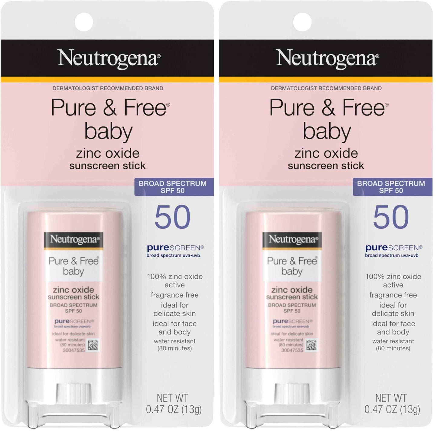 Neutrogena Pure & Free Baby Mineral Sunscreen Stick with Broad Spectrum SPF 50 & Zinc Oxide, Water-Resistant, Hypoallergenic, Paraben-, Dye- & PABA-Free Baby Face & Body Sunscreen, 0.47 oz