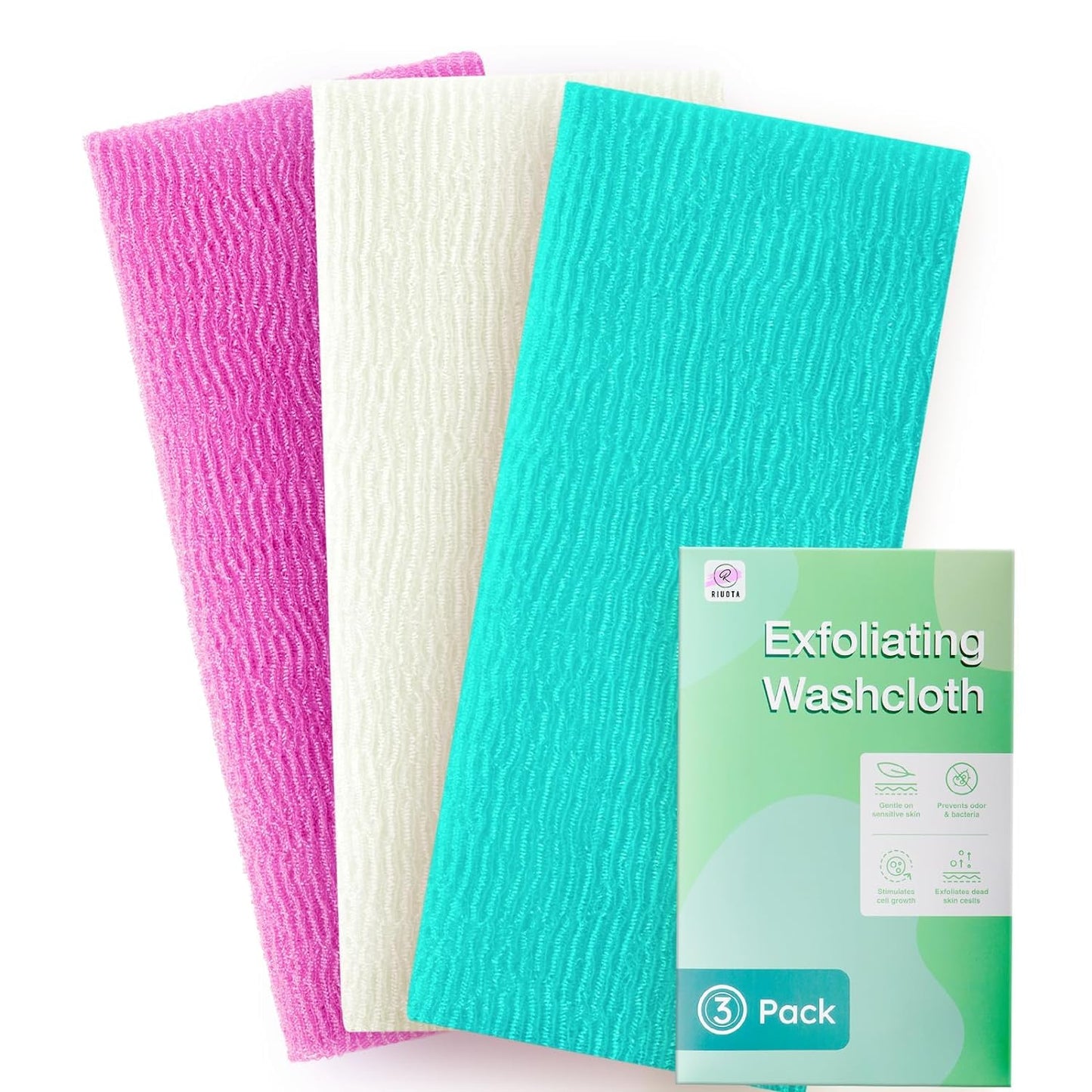 RIUOTA 3 Pieces Exfoliating Washcloth Shower Towel African Net Sponge Japanese Wash Cloth Face Exfoliating Sponge Loofah Exfoliating Body Scrubber for Body Exfoliation (Rose Red,White,Green)