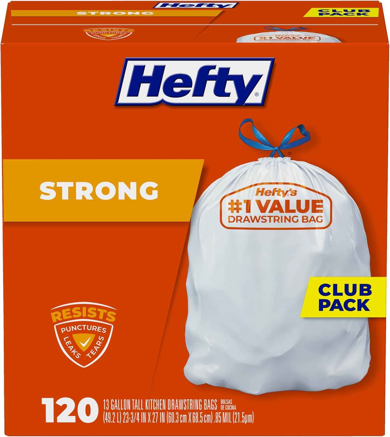 Hefty Strong White 13 Gallon Trash Bags with Drawstrings, Unscented Tall Kitchen Trash Bags, Resists Leaks, Punctures, and Tears, Durable Closure