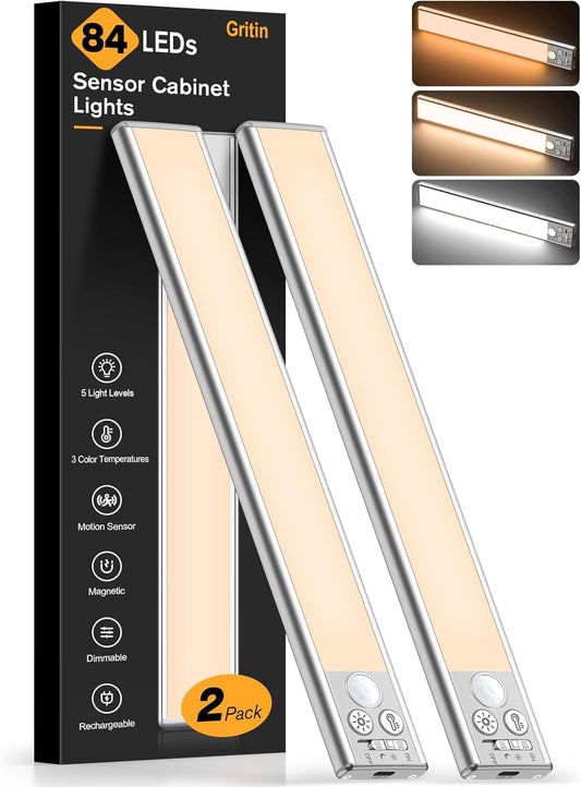 Gritin_10.2inch/_14.7_inch_Under_Cabinet_Lighting_Rechargeable_-84_LED_Super_Bright,3-Color&_5_Level_Brightness,4_Modes,Motion_Sensor,Long_Lasting-_Easy_Installation_Magnetic_Under_Cabinet_Closet_Lights_-2_Pack