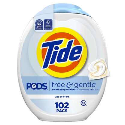 Tide Pods Free & Gentle Laundry Detergent Soap Pacs, Tide Pods Laundry Detergent (Packaging May Vary)