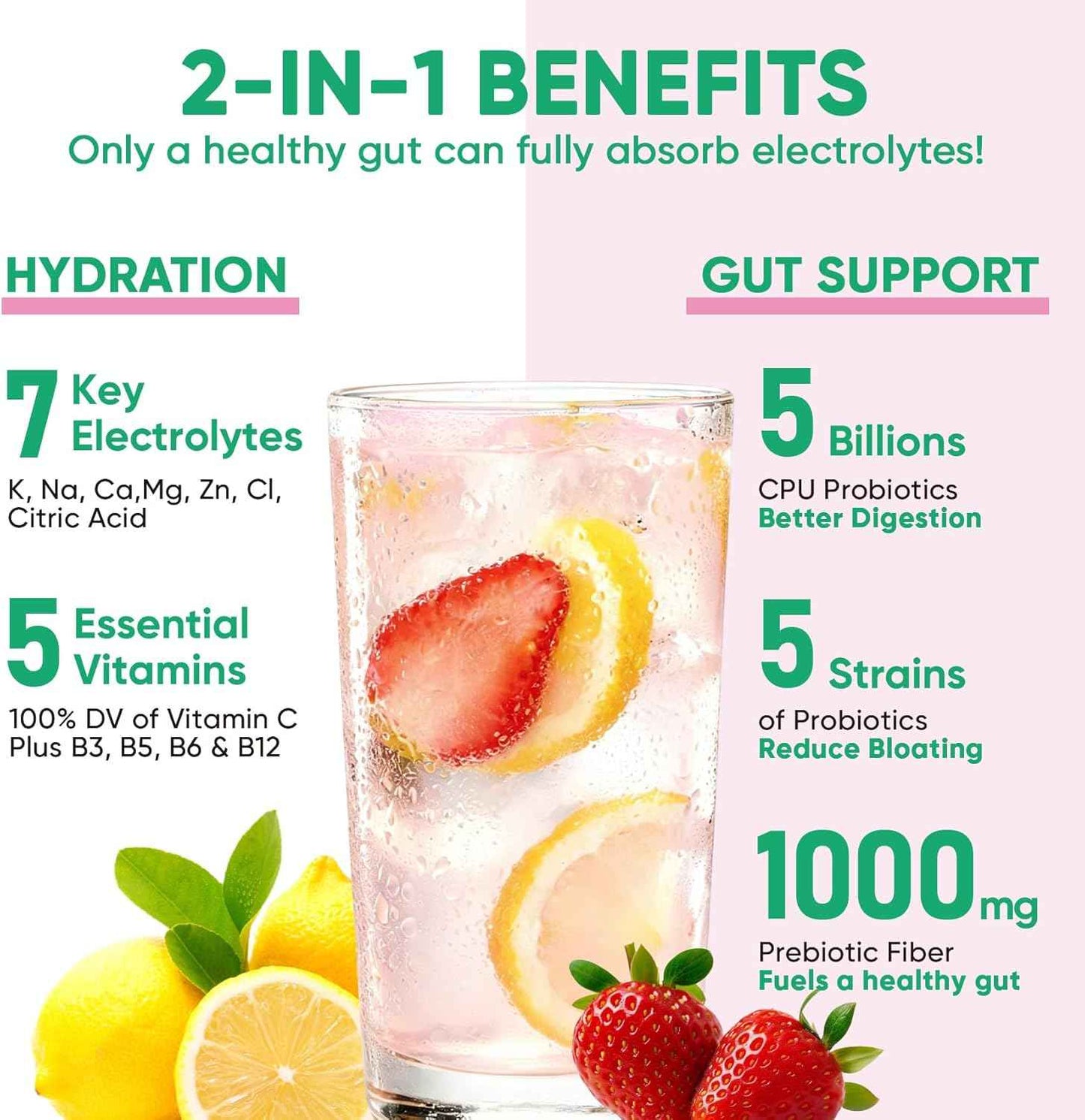 Venture Pal 2-in-1 Hydration Packets + Gut Health Electrolytes Powder - 7 Electrolytes & 5 Vitamins, Probiotics - Sugar Free Liquid Daily IV Drink Mix for Dehydration Relief | Non-GMO | 16 Sticks