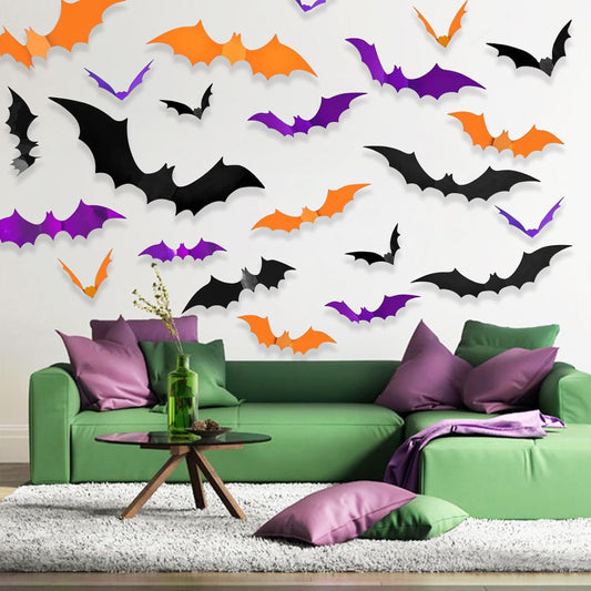 72_Pcs_Bats_Stickers_for_Halloween_Wall_Decor_3D_Bat_Halloween_Decor_Removable_PVC_Bats_Stickers_Wall_Decal_DIY_Orange_Purple_Black_Bat_Decoration_for_Indoor_Outdoor_Home_Party_Supplies
