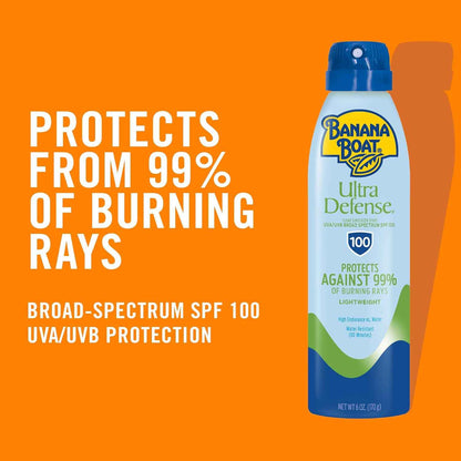 Banana Boat Ultra Defense Clear Sunscreen Spray SPF 100, 6oz | Lightweight Sunscreen, Banana Boat SPF 100, Water Resistant, 6oz