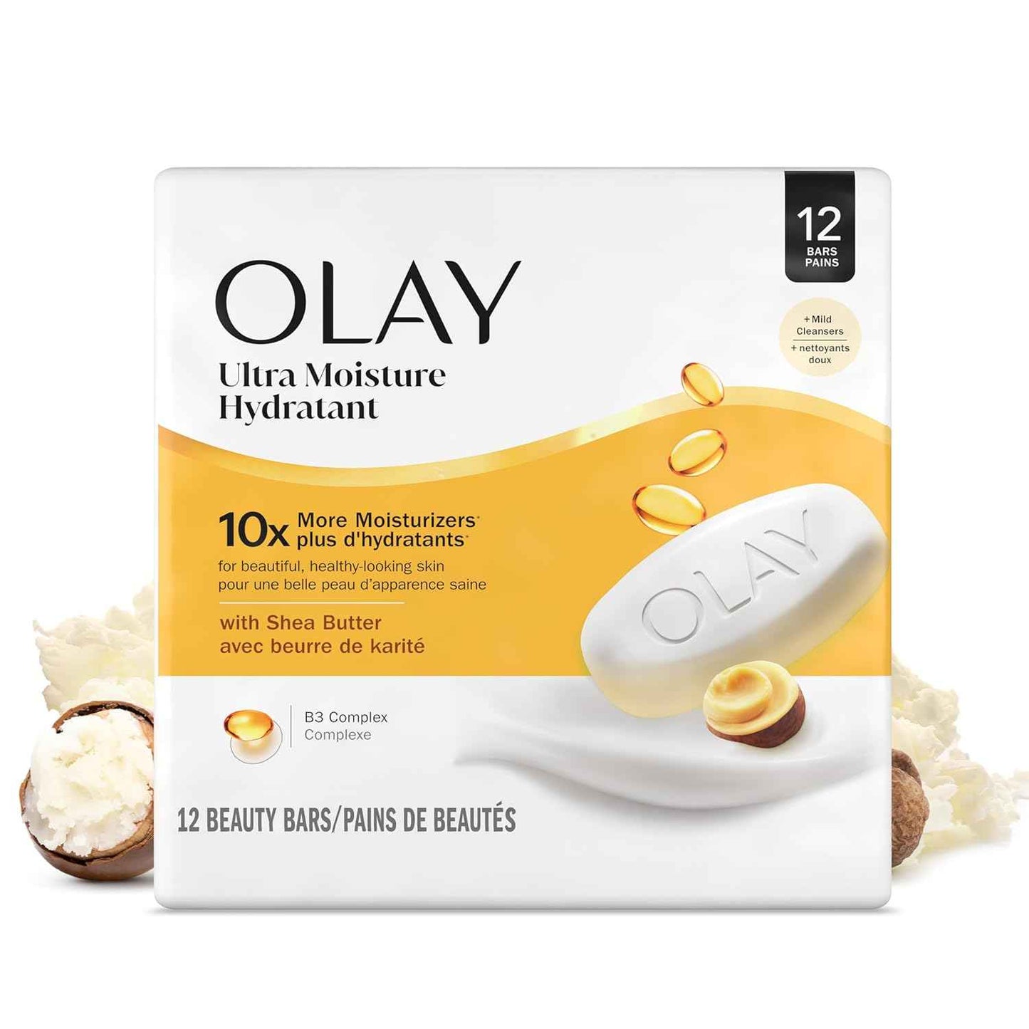 Olay Beauty Bar, Ultra Moisture,10x More Moisturizers, Nourishing Conditioners, Smooth & Gentle on Skin, Vitamin B3 Complex, For All Skin Types, Shea Butter Scent