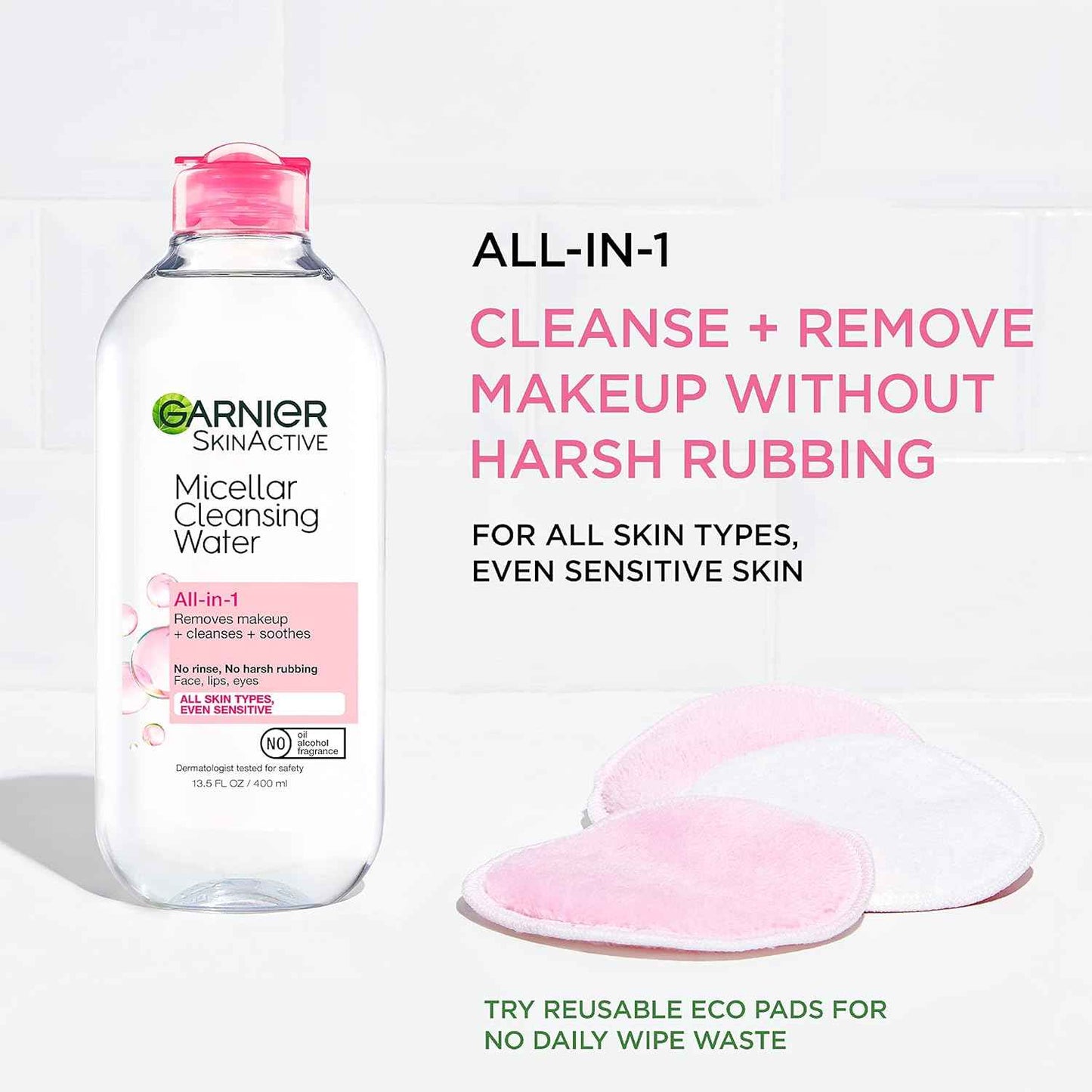 Garnier Micellar Cleansing Water, For All Skin Types, 13.5 fl oz + Micellar Cleansing Water, For Waterproof Makeup, 3.4 fl oz