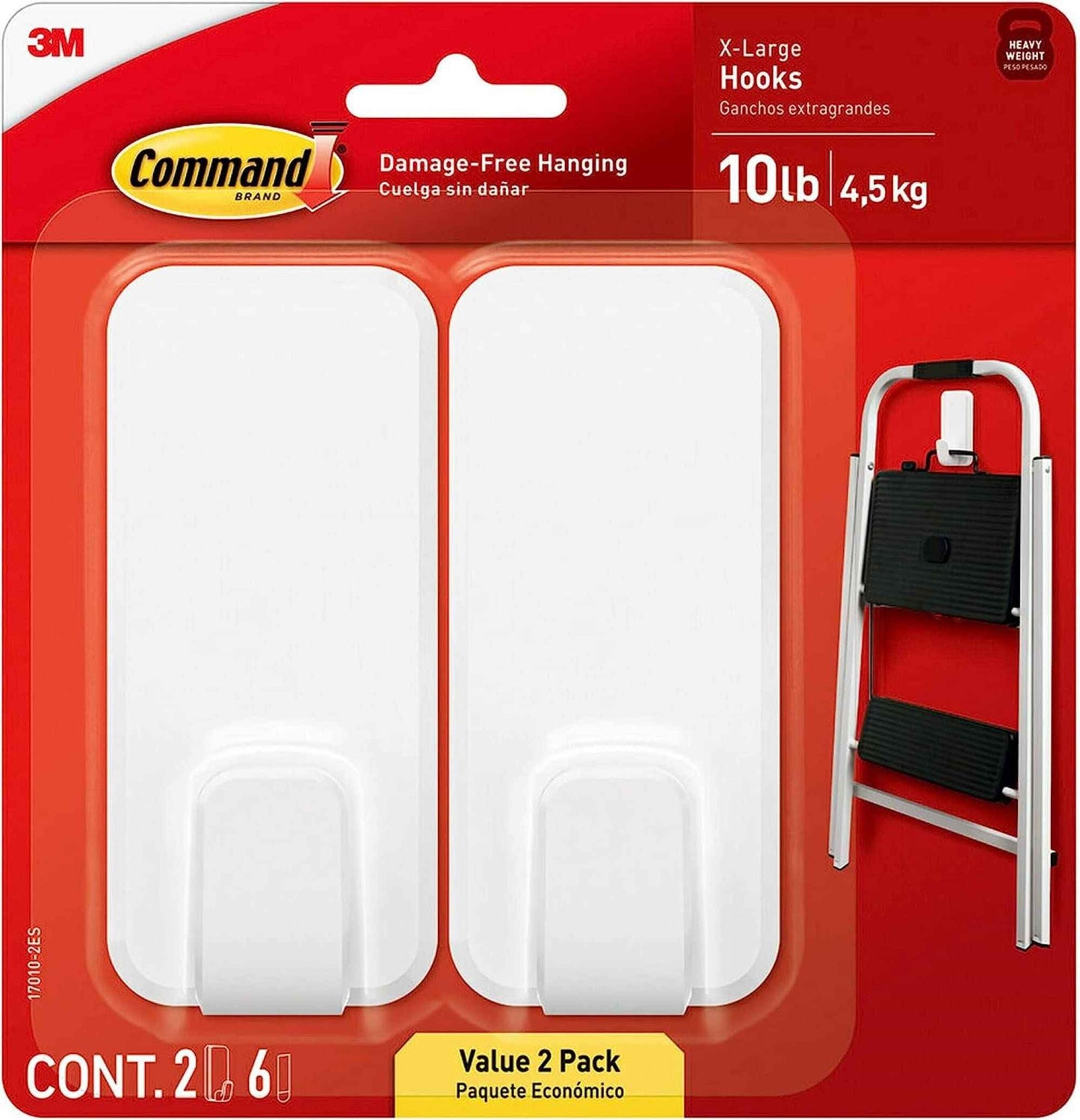 Command 10 lb XL Heavyweight Hook, 2 Wall Hooks and 6 Strips, Damage-Free Hanging with Adhesive, Heavy Duty Hanging Great for Organization and Storage