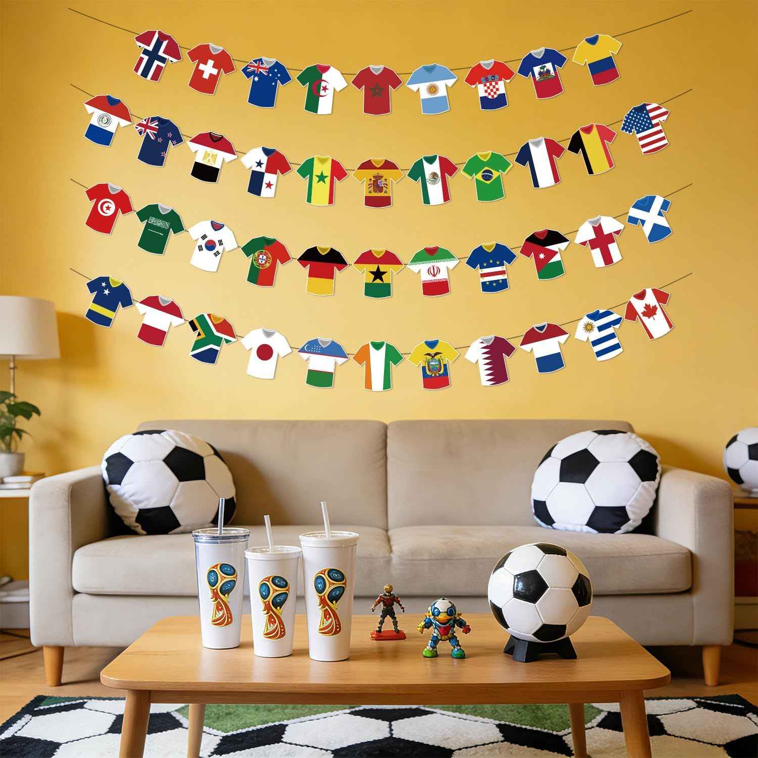 World Cup Soccer Jersey Bunting 42 Jersey-Shaped Pennant Banner, Game Day Decorations, Soccer Fan Garland for World Cup Party, Soccer Birthday, Tailgate, BBQ, Man Cave, Outdoor Sports Events