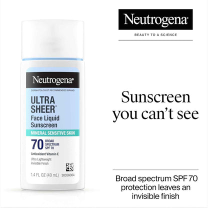 Neutrogena Ultra Sheer Liquid Mineral Sunscreen For Face, Lightweight, Broad Spectrum SPF 70 Facial Sunscreen for Sensitive Skin Leaves a Silky, Non-Greasy Finish, Oxybenzone-Free Sun Care