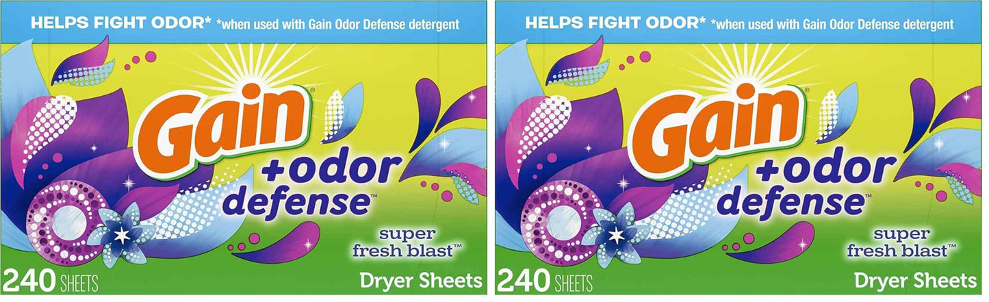 Gain Dryer Sheets Plus Odor Defense, Super Fresh Blast Scent, Helps fight static and odor, laundry sheets