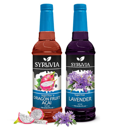Syruvia Sugar-Free Fruit Flavors Variety Pack Dragon Fruit Acai &amp;amp; Lavender Syrup - 0 Calorie - for Tea, Italian Sodas, Beverages, Desserts, Ice Cream, Cocktails &amp;amp; Kosher, 25.4 fl oz. (2-Pack)