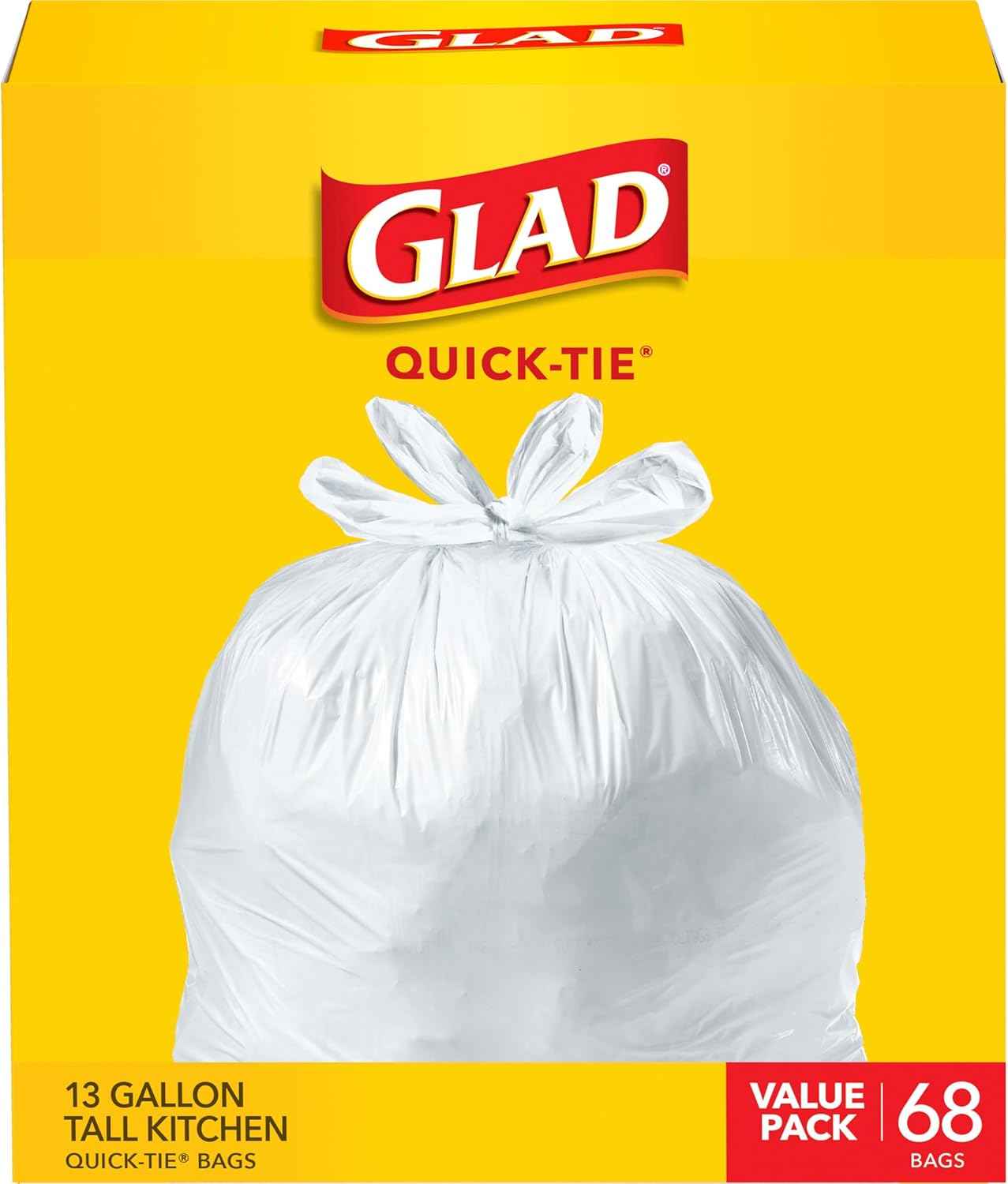 Glad Tall Kitchen Trash Bags 13 Gallon, Unscented Garbage Bags, Quick-Tie, 68 Count