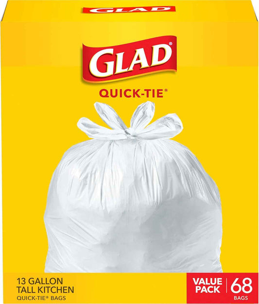 Glad Tall Kitchen Trash Bags 13 Gallon, Unscented Garbage Bags, Quick-Tie, 68 Count