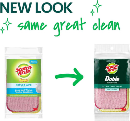 Scotch-Brite Dobie Scrub & Wipe Cloths, Sponge Cloths for Cleaning Kitchen, Bathroom, and Household, Dobie Scrub and Wipe Cloth Absorbs and Doesn't Scratch, 2 Cleaning Cloths
