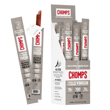 Chomps Grass-Fed & Finished Salt & Pepper Venison Jerky Meat Snack Sticks  - Keto, Paleo, Low Carb, Whole30 Approved, 10g Lean Meat Protein, Gluten Free, Zero Sugar Food