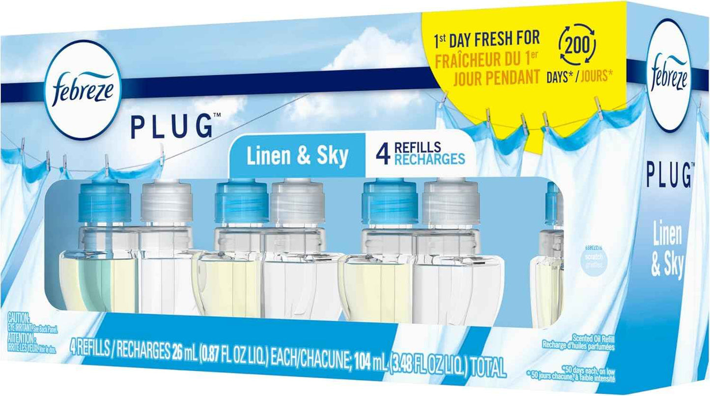 Febreze Plug In Air Freshener, Odor-Fighting Scented Oil Refill, Linen & Sky Scent, 4 Refills