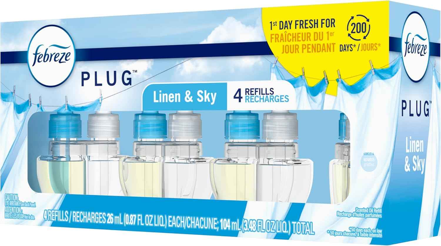 Febreze Plug In Air Freshener, Odor-Fighting Scented Oil Refill, Linen & Sky Scent, 4 Refills