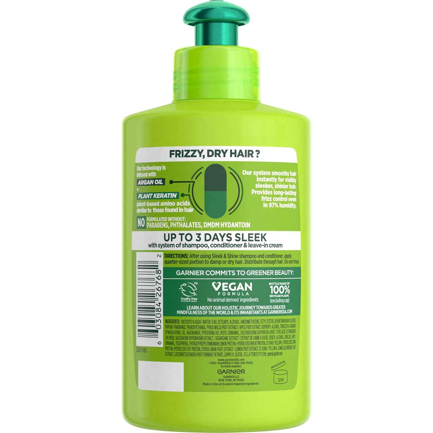 Garnier Fructis Sleek & Shine Leave-In Conditioning Cream for Frizzy, Dry Hair, Plant Keratin + Argan Oil, 10.2 Fl Oz