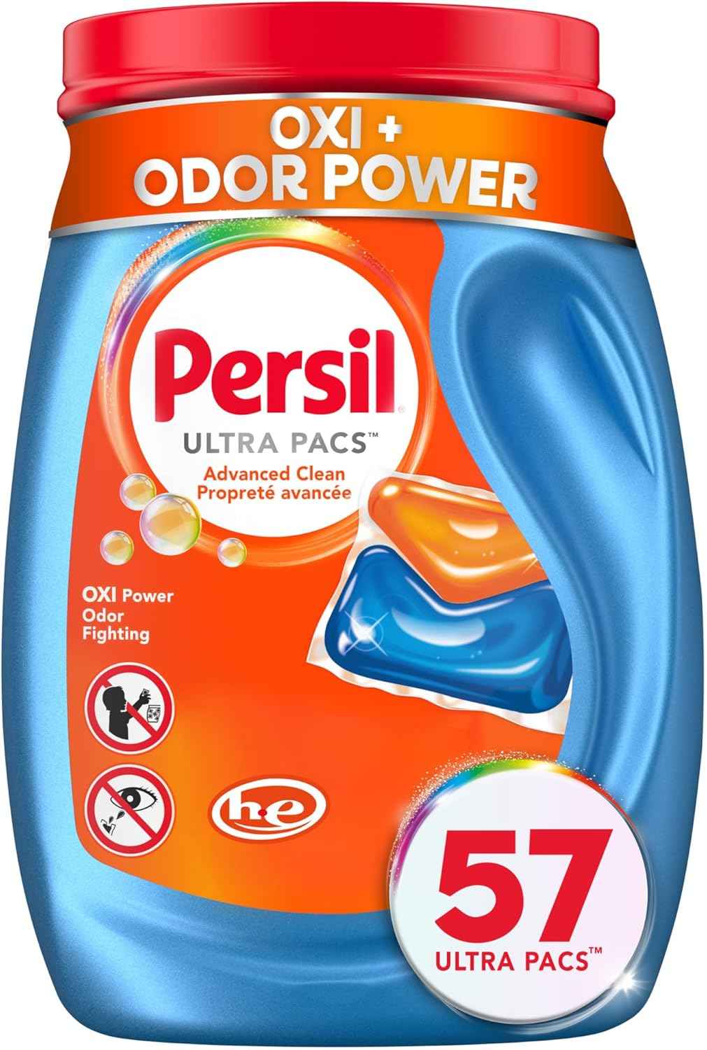 Persil Ultra Pacs Advanced Clean Oxi+Odor Power Laundry Detergent, 57 Count, No Mess, Single-Dose Laundry Soap, Fights Tough Stains & Odors, All Water Temperatures, HE Safe