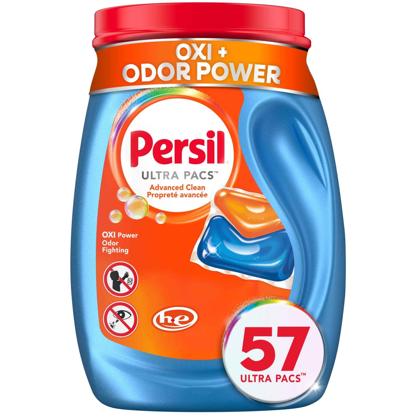 Persil Ultra Pacs Advanced Clean Oxi+Odor Power Laundry Detergent, 57 Count, No Mess, Single-Dose Laundry Soap, Fights Tough Stains & Odors, All Water Temperatures, HE Safe