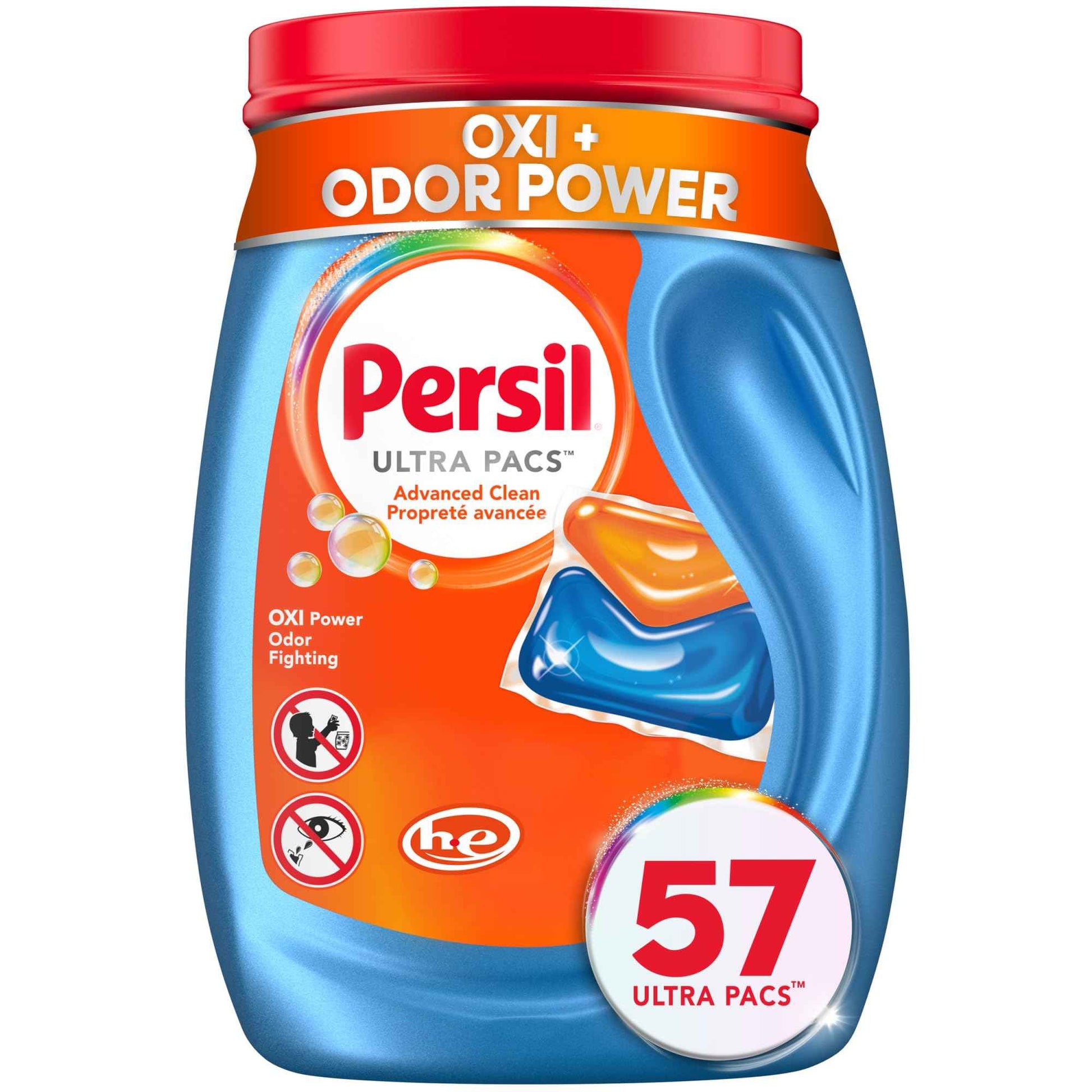 Persil Ultra Pacs Advanced Clean Oxi+Odor Power Laundry Detergent, 57 Count, No Mess, Single-Dose Laundry Soap, Fights Tough Stains & Odors, All Water Temperatures, HE Safe