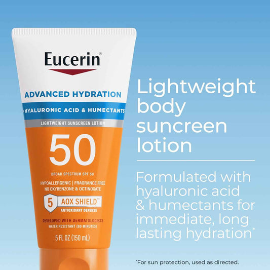 Eucerin Sun Advanced Hydration Sunscreen Lotion, Lightweight Sunscreen with Hyaluronic Acid and Humectants, Hypoallergenic, Fragrance Free, No Oxybenzone or Octinoxate, 5 Fl Oz Tube