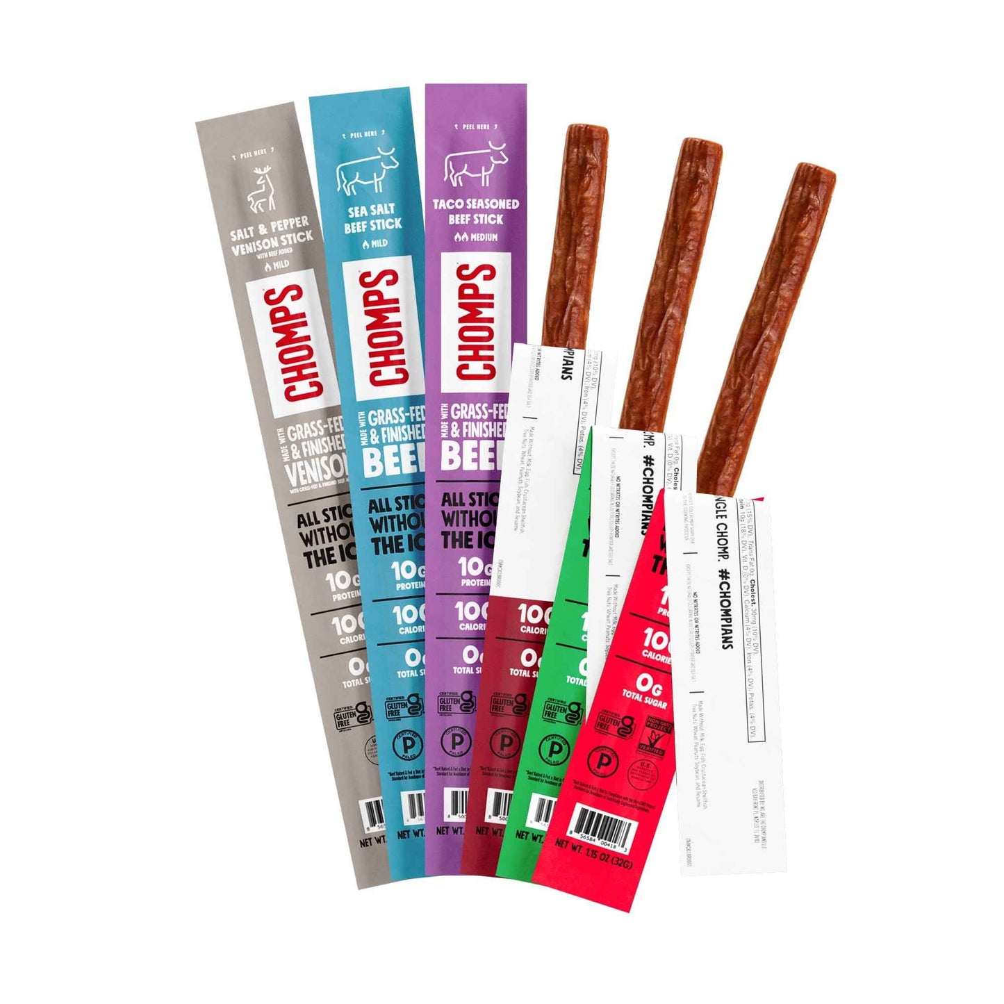 Chomps Trial Pack - Grass-Fed & Finished, Keto, Paleo, Low Carb, Whole30 Approved, Gluten Free, Zero Sugar Food