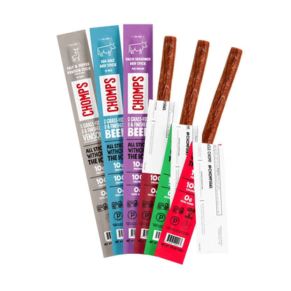 Chomps Trial Pack - Grass-Fed & Finished, Keto, Paleo, Low Carb, Whole30 Approved, Gluten Free, Zero Sugar Food