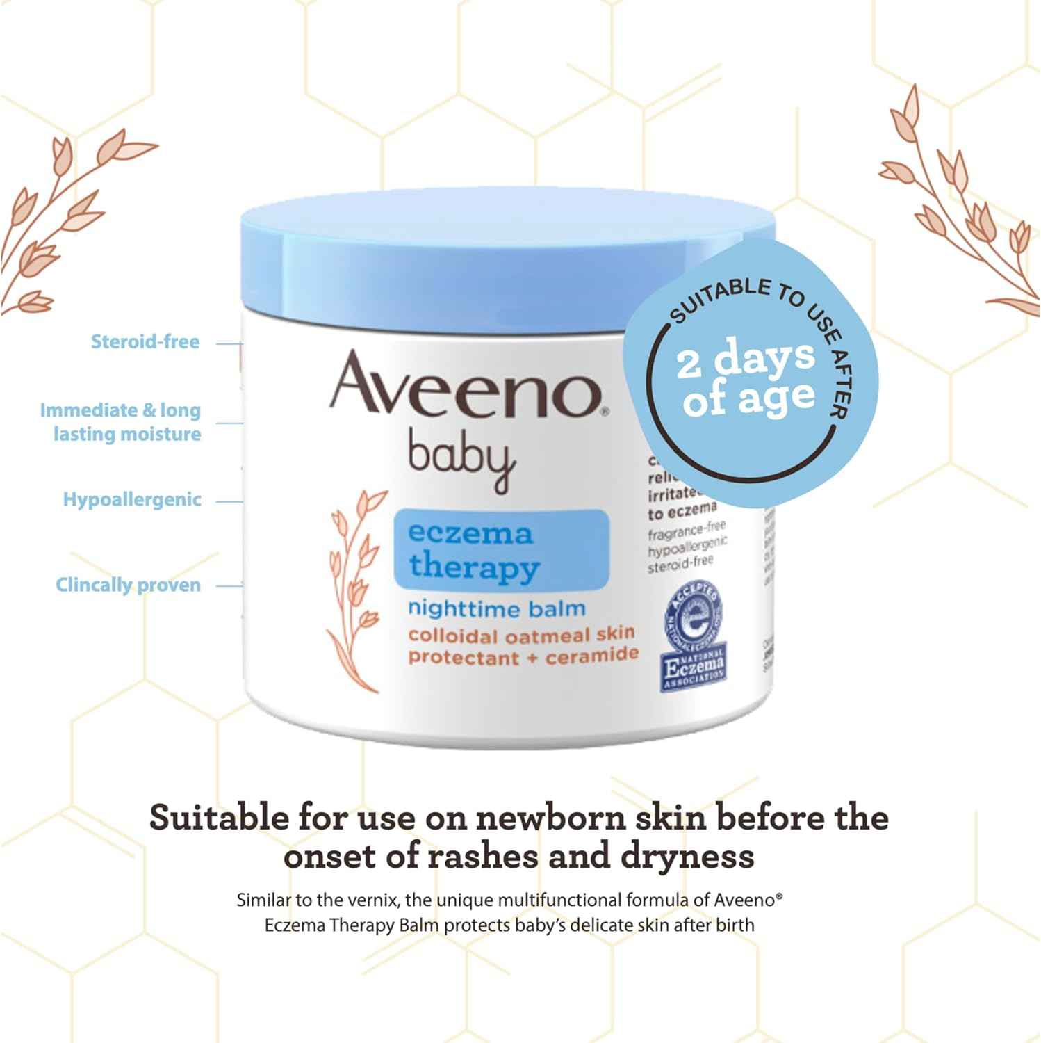Aveeno Baby Eczema Therapy Nighttime Body Balm, Moisturizing Treatment for Face and Body, with Ceramides, Triple Oat Complex, Soothes Dry, Itchy Skin, Hypoallergenic, Fragrance and Steroid Free