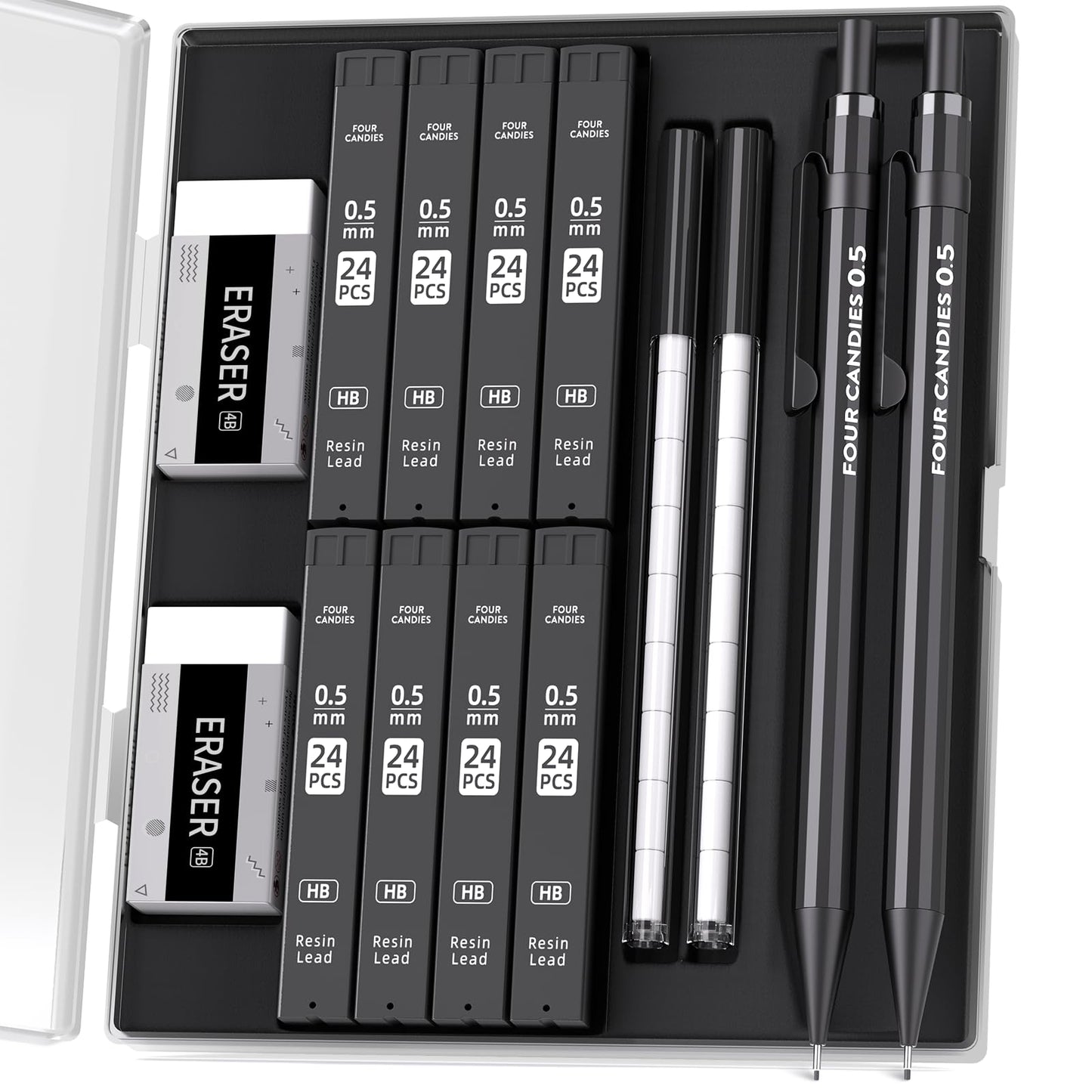 Four Candies Metal Mechanical Pencils 0.5mm, 2PCS Mechanical Pencils 0.5 with Dual Spring, 8 Tubes HB Lead Refills, 2PCS 4B Erasers and 18PCS Eraser Refills, Mechanical Pencil Set for Writing Drawing