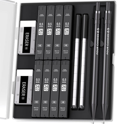 Four Candies Metal Mechanical Pencils 0.5mm, 2PCS Mechanical Pencils 0.5 with Dual Spring, 8 Tubes HB Lead Refills, 2PCS 4B Erasers and 18PCS Eraser Refills, Mechanical Pencil Set for Writing Drawing