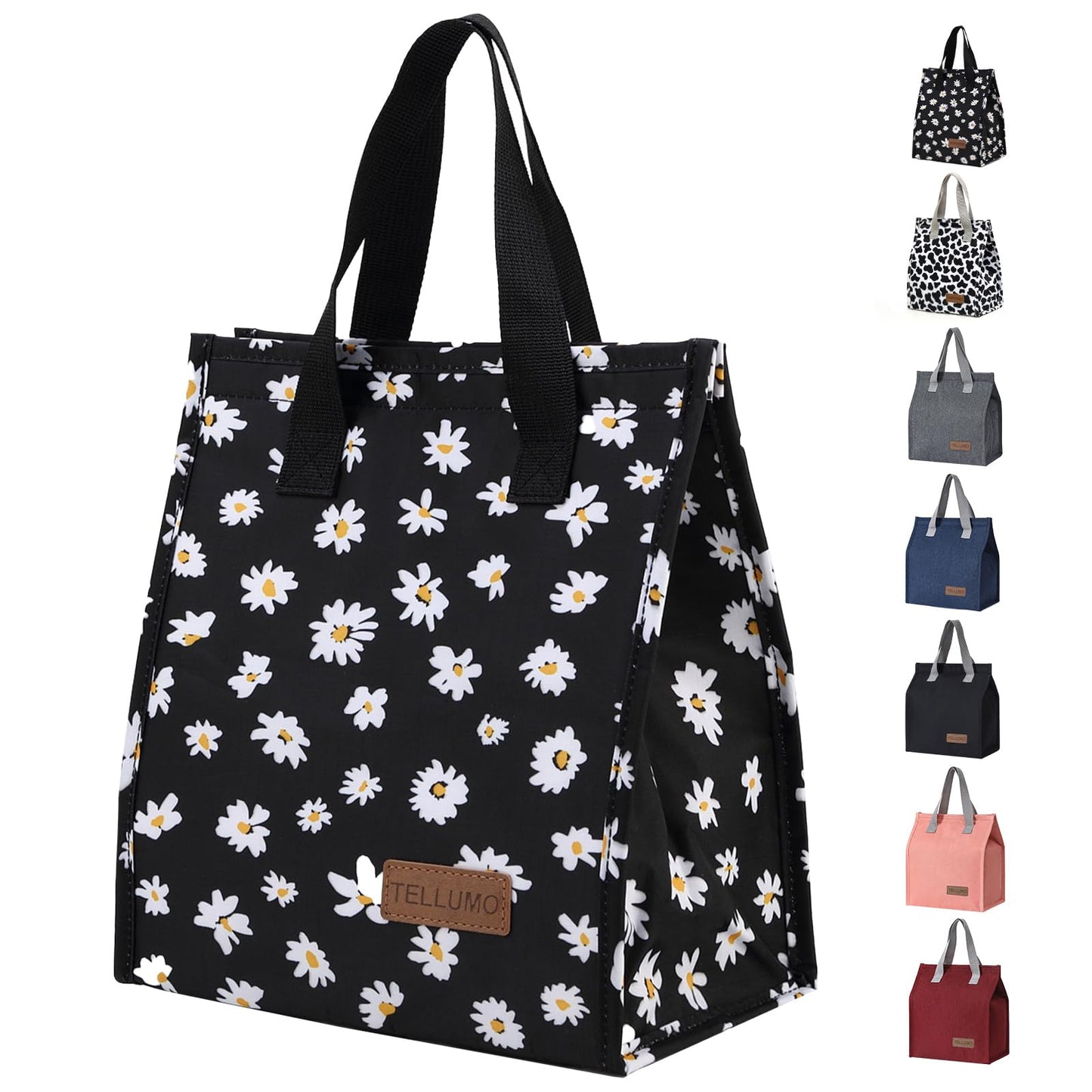 TELLUMO Lunch bag, Insulated Lunch Bag for Women Men Large Lunch Box Container Reusable Leakproof Tote for Office, Work, School, Beach or Travel (Black Daisy)
