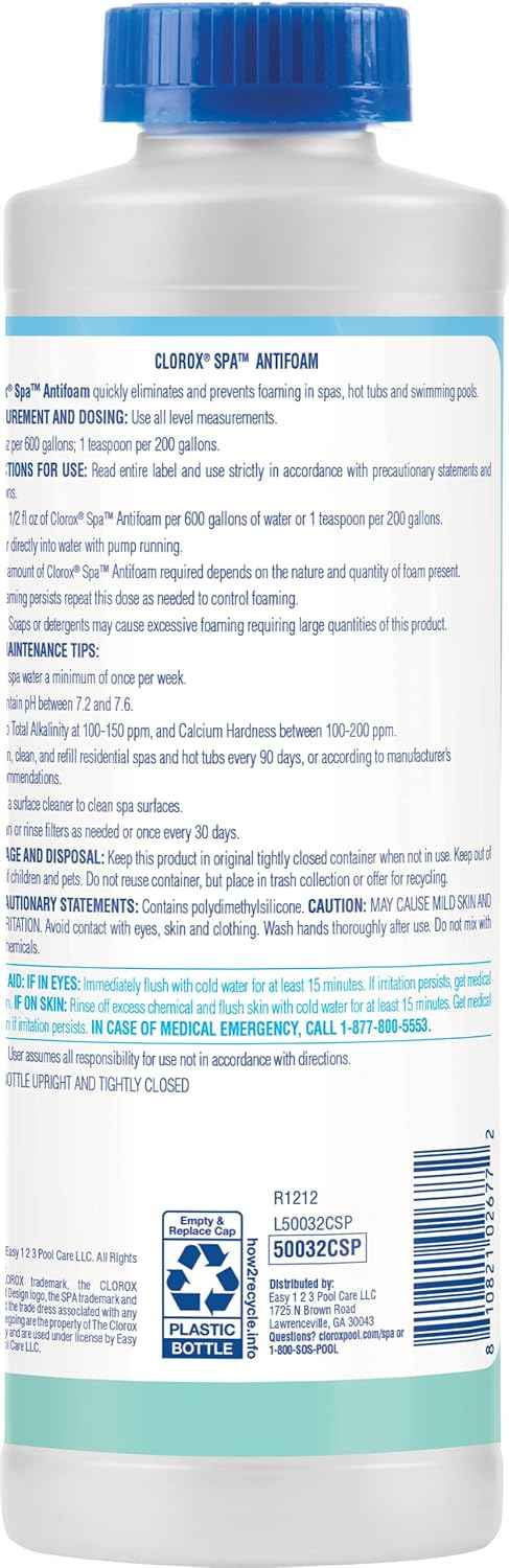 Clorox® Pool&Spa™ Spa Water Antifoam, Eliminates & Prevents Foam in Spa Water, Reduces Irritation, 1 Quart (Pack of 1)